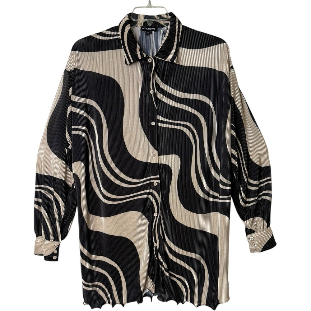 Pretty Little Thing Black Cream Swirl Frill Hem Long Sleeve Shirt Dress Women 10